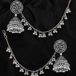 PRIVIU Silver-Plated Dome Shaped Jhumkas With Hair Chain-picture-16