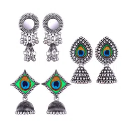 MEENAZ Set Of 3 Silver-Plated Oxidised Dome Shaped Jhumkas image 1