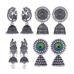 MEENAZ Set Of 4 Stainless Steel Silver Plated Artificial Stones and Beads Studded Earrings image 1