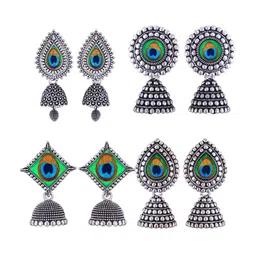 MEENAZ Set Of 4 Silver-Plated Oxidised Peacock Detail Dome Shaped Jhumkas image 1