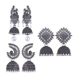 MEENAZ Set Of 3 Silver-Plated Oxidised Peacock Shaped Jhumkas image 1