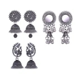 MEENAZ Set Of 3 Silver-Plated Stainless Steel Oxidised Contemporary Jhumkas image 1