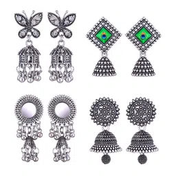 MEENAZ Set Of 4 Silver-Plated Stainless Steel Beads Beaded Enamelled Jhumkas-picture-34