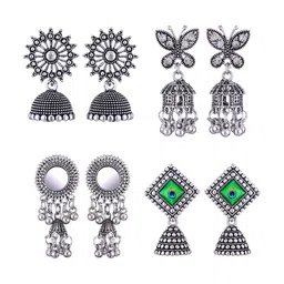 MEENAZ Set Of 4 Silver Plated Stone Studded Oxidised Dome Shaped Stainless Steel Jhumkas-picture-11