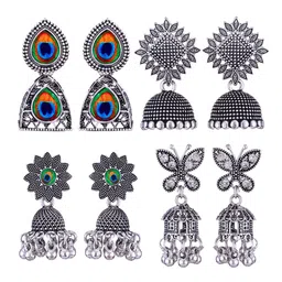 MEENAZ Set Of 4 Silver-Plated Stainless Steel Stones Studded & Beads Beaded Jhumkas-picture-30