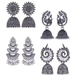 MEENAZ Set Of 4 Stainless Steel Silver-Plated Beaded Peacock Shaped Jhumkas-picture-21