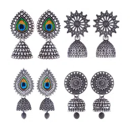 MEENAZ Set Of 4 Silver-Plated Stone-Studded & Beaded Stainless Steel Oxidised Jhumkas-picture-36