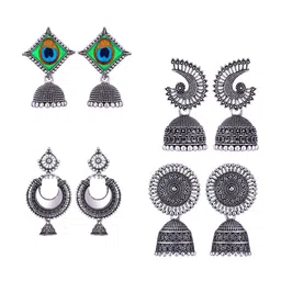 MEENAZ Set Of 4 Stainless Steel Silver-Plated Peacock Design Jhumkas-picture-16