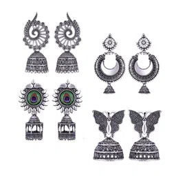 MEENAZ Set Of 4 Silver-Plated Stainless Steel Oxidised Peacock Shaped Jhumkas-picture-36