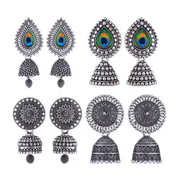 MEENAZ Set Of 4 Stainless Steel Silver-Plated Peacock Shaped Jhumkas-picture-42