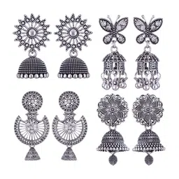 MEENAZ Set Of 4 Silver-Plated Stainless Steel Oxidised Peacock Shaped Jhumkas-picture-32