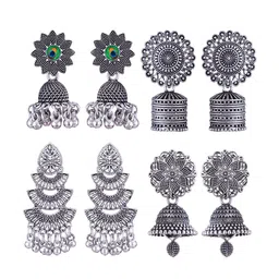 MEENAZ Set Of 4 Silver-Plated Oxidised Jhumkas-picture-26
