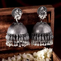 Rubans Silver-Plated Beaded Dome Shaped Jhumkas image 2