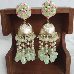 Crunchy Fashion Gold-Plated Stone-Studded & Beaded Meenakari Dome Shaped Jhumkas-image-57