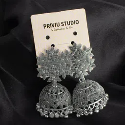 PRIVIU Silver-Plated Oxidised Floral Jhumkas-picture-47