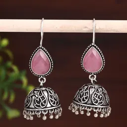 Anvik Silver-Plated Stone Studded Teardrop Shaped Jhumkas-picture-38