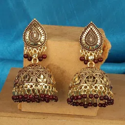 ANIKAS CREATION Maroon Gold -Plated Contemporary Jhumkas Earrings-picture-46