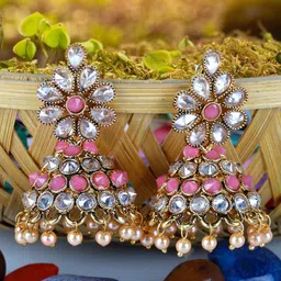 Priyaasi Pink & Gold-Toned Dome Shaped Jhumkas Earrings-picture-40