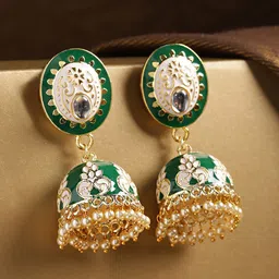 Bellofox Green & White Contemporary Meenakari Jhumkas Earrings image 1