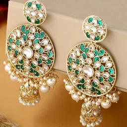 Shoshaa Green & Gold-Plated Kundan Studded Contemporary Jhumkas Earrings-picture-16