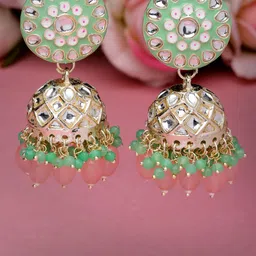 Sukkhi Gold Plated Dome Shaped Kundan Studded Enamelled Jhumkas-picture-15