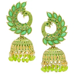 Shining Jewel - By Shivansh Light Green Kundan & Pearls Gold Plated Antique Peacock Jhumka-picture-33