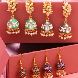 Yellow Chimes Set Of 4 Contemporary Meenakari Jhumkas-picture-12