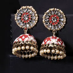 Yellow Chimes Gold-toned & Red Beaded Meenakari Jhumka Earring-image-15