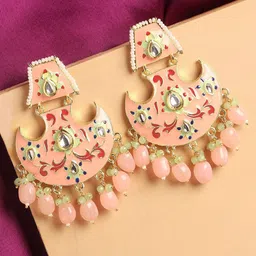 OOMPH Pink & Green Enamel with Kundan & Pearls Crescent Shaped Chandbalis Earrings-image-79