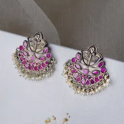 TEEJH Silver-Plated Stone-Studded Oxidised Studs Earrings-picture-16