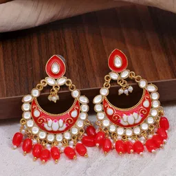 Crunchy Fashion Red & Gold-Plated Contemporary Kundan-Studded Chandbalis Earrings-image-95