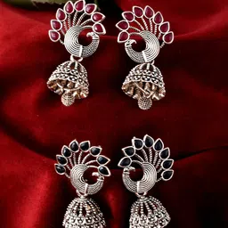 Silvermerc Designs Set Of 2 Silver-Plated Peacock Shaped Oxidised Jhumkas Earrings-picture-15