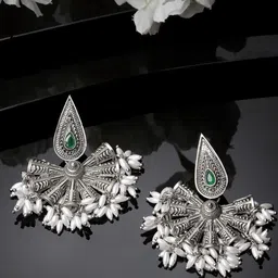 ADIVA Oxidised Silver-Plated Stone-Studded & Pearls Beaded Floral Shaped Drop Earrings-picture-40