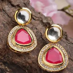 KARATCART Red & White Gold-Plated Kundan Classic Drop Earrings-picture-45