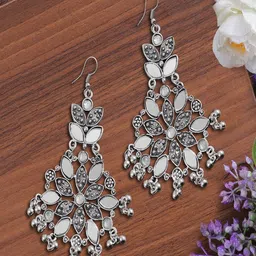 UNIVERSITY TRENDZ Silver-Plated Studded & Beaded Classic Oxidised Drop Earrings-picture-40