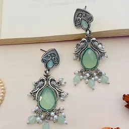ABDESIGNS German Silver-Plated Stone Studded Beaded Oxidised Classic Drop Earrings-picture-49
