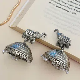 ABDESIGNS German Silver-Plated Stone Studded Beaded Oxidised Classic Jhumkas-picture-39