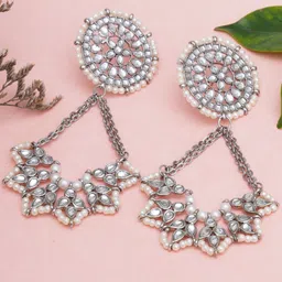 KARATCART Silver-Plated Oxidised Kundan Studded Floral Chandbali Earrings-picture-37