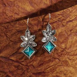 TEEJH Aradhana Silver-Plated Diamond Shaped Oxidised Drop Earrings-picture-0