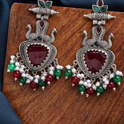 ZENEME Rhodium-Plated Artificial Stones Studded And Beaded Peacock Shaped Drop Earrings-picture-8