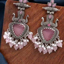 ZENEME Rhodium-Plated Artificial Stones Studded And Beaded Peacock Shaped Drop Earrings-picture-32