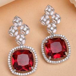 ZENEME Rhodium-Plated American Diamond Studded Contemporary Drop Earrings-picture-18