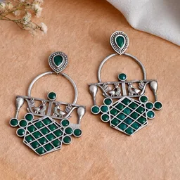 DASTOOR Silver-Plated Stone-Studded Silver Contemporary Oxidised Drop Earrings-picture-38