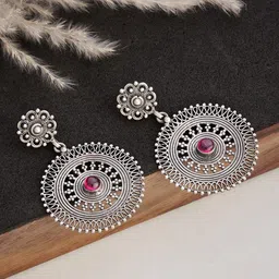 Fabindia Silver Plated Artificial Stones Studded Oxidised Contemporary Drop Earrings-picture-22