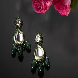 DUGRISTYLE Gold Plated Contemporary Kundan Studded & Beaded Drop Earrings-picture-54
