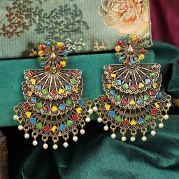 ANIKAS CREATION Gold-Toned & Multicoloured Contemporary Drop Earrings-image-83