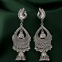 Yellow Chimes Silver-Toned Oxidised Contemporary Drop Earrings-picture-38