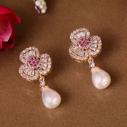 ZINU Rose Gold-Plated White & Pink Floral Drop Earrings image 1
