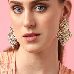 SOHI Gold-Plated Contemporary Drop Earrings-image-76