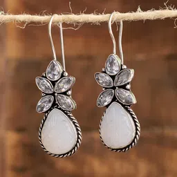 VENI Women Silver-Toned White Stone Oval Drop Earrings-picture-12